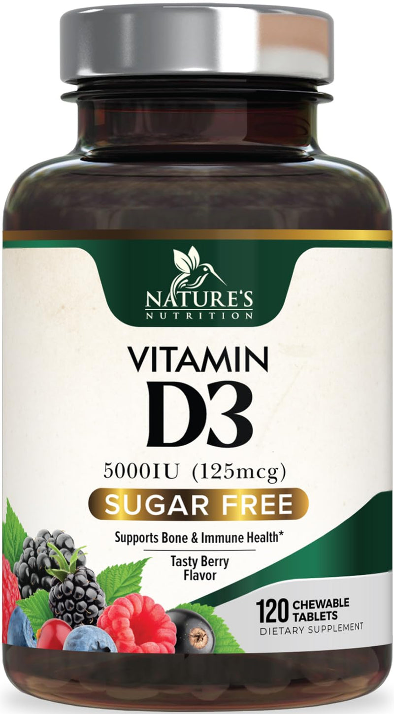 Vitamin D3 5000 IU (125 mcg) Per Serving - Extra Strength Vitamin D Chewable for Immune Support Health - Bone, Teeth and Muscle Supplements - Sugar Free, Gluten Free, USA Bottled - 120 Count Tablets 120 Count (Pack of 1)