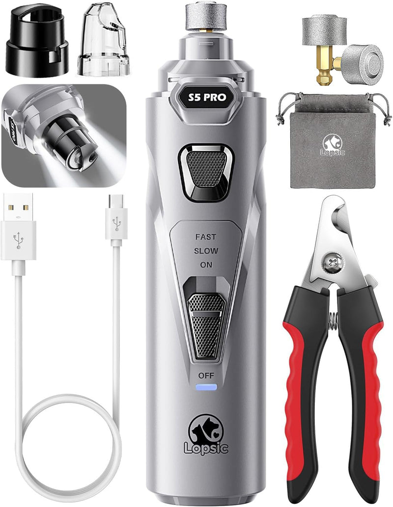 Dog Nail Grinder with 2 LED Lights Powerful 2-Speed Dog Nail Trimmers with 3 Grinding Wheels Super Quiet Rechargeable Pet Dog Nail Clipper Kit for Large Medium Dogs Cats Nail Care Light Grey 🟦🟦🟦Light Grey🟦🟦🟦 - BeesActive Australia