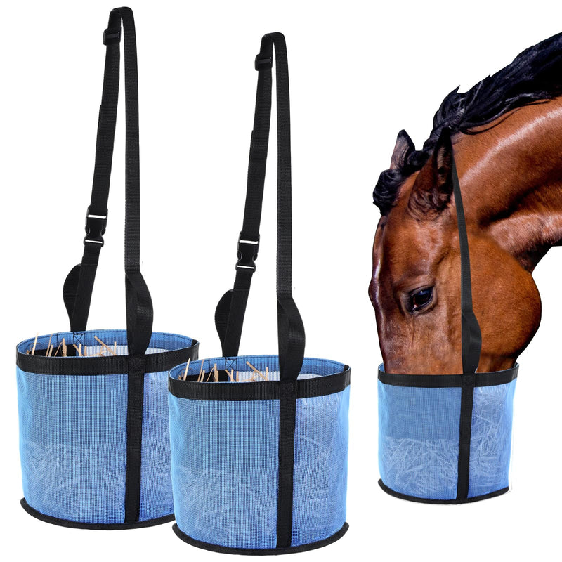 2 Pcs Horse Feed Bag Comfort Breathable Mesh Feed Bucket Heavy Duty Feed Bag with Adjustable Strap and Waterproof Bottom for Horse Feeding Supplies Muzzle Feed Bag, Medium (Blue) Blue