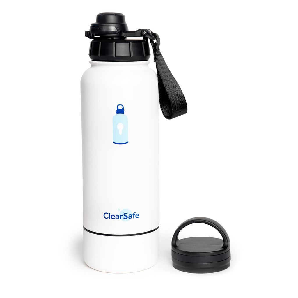 ClearSafe Insulated Stainless Steel Sports/Pet Water Bottle with Storage Compartment, 32 oz, White, 2 Lids, WB32White001