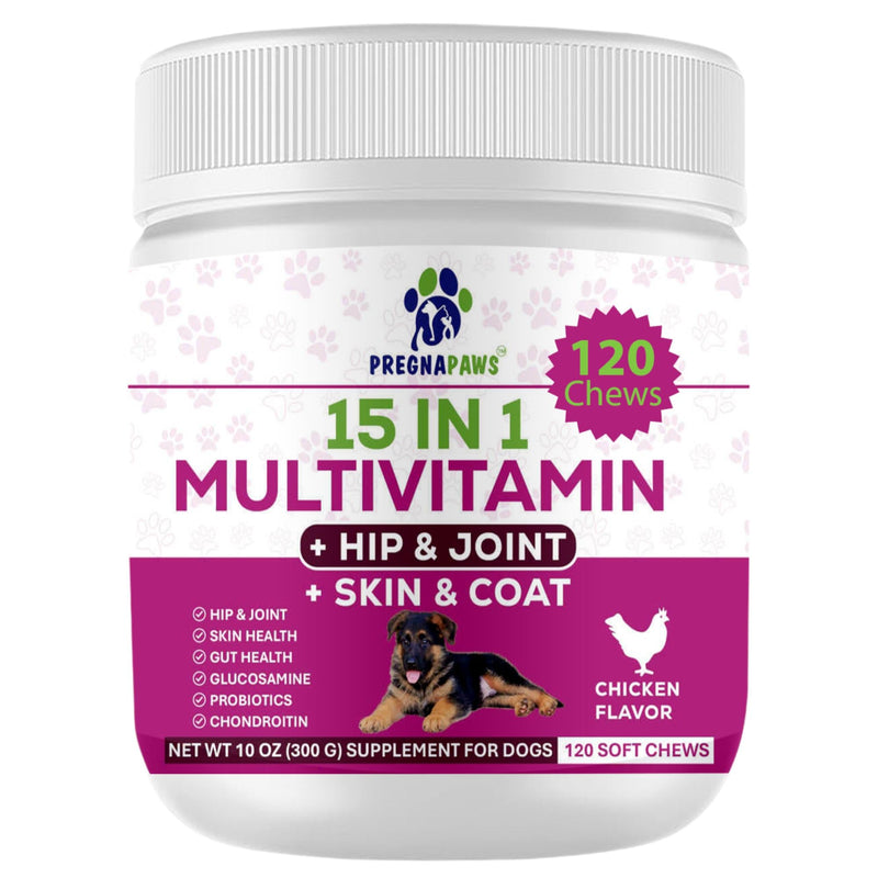 15-in-1 Postnatal Vitamins for Dogs - Enhances Recovery, Supports Joint Health, Skin & Coat Care - Probiotics & Multivitamins for Nursing Dogs - 120 Chewable Chicken Flavor Tablets