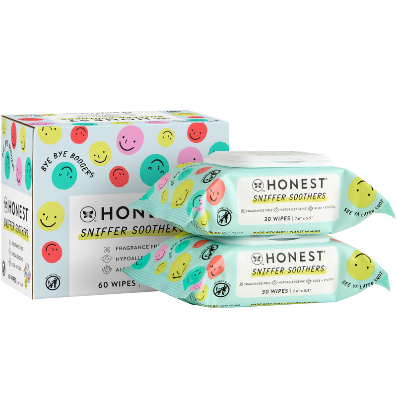 The Honest Company Plant-Based Snot Removing Wipes | Soothing Nose + Face Wipes with Aloe | Hypoallergenic for Sensitive Skin, EWG Verified | Fragrance Free, 60 Count 30 Count (Pack of 2) - BeesActive Australia