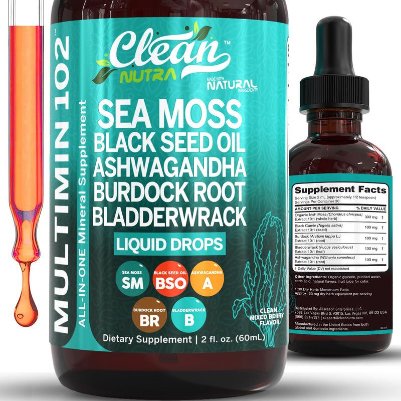 Clean Nutra Organic Sea Moss Drops Supplement | Black Seed Oil Irish Seamoss Ashwagandha Burdock Root & Bladderwrack - Multimineral Liquid Vegan for Gut Heath Energy Skin Immune Support & Hair 1