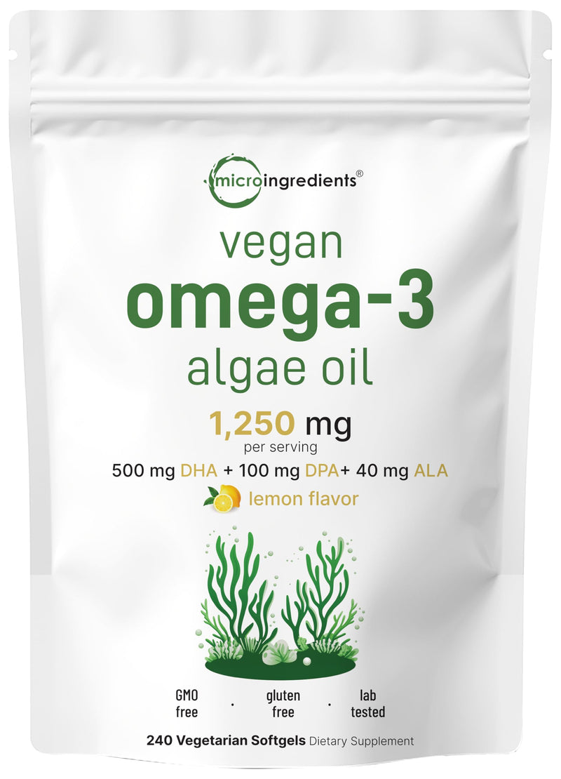 Micro Ingredients Vegan Omega 3 Algae Oil, 240 Veggie Softgels | Fish Oil Alternative | DHA 500mg & DPA 100mg | Carrageenan Free | Plant-Based Omega 3 with Flaxseed & ALA | Lemon Flavored