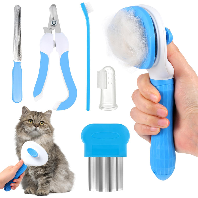 6 Pcs Cat Dog Pet Brush Grooming Kits, Self Cleaning for Shedding Cat Brush Slicker Hair with Pet Nail Clipper File Flea Comb Pet Shedding Brush Silicone Toothbrush for Removes Loose Hair - BeesActive Australia