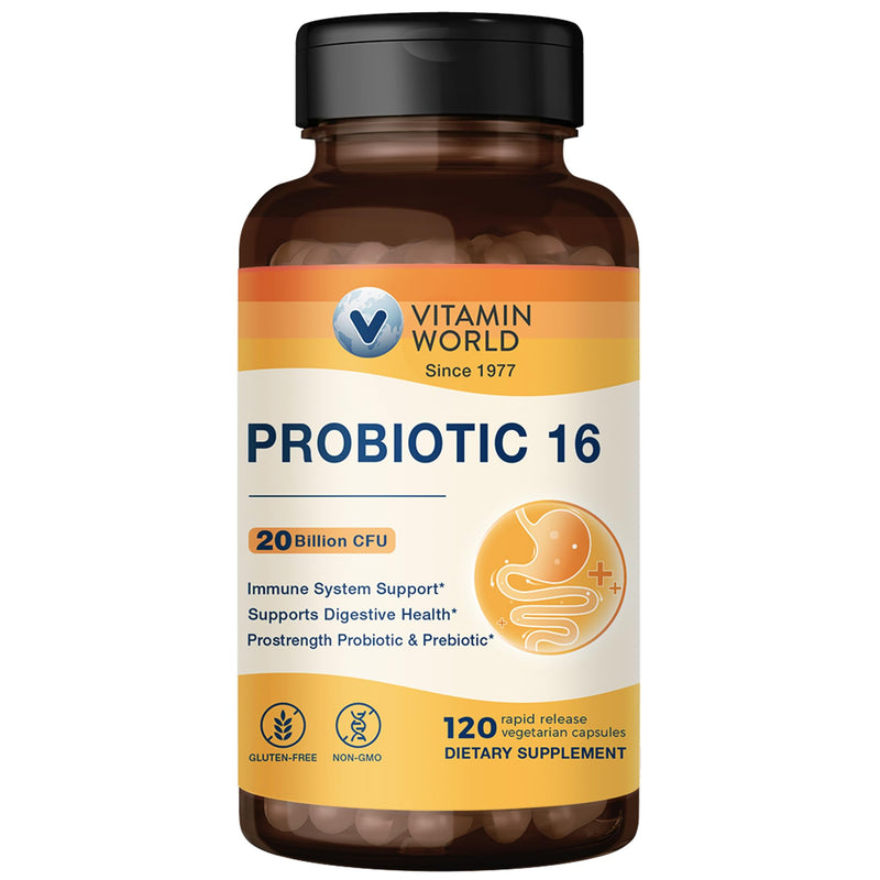 Vitamin World Probiotic 16, 20 Billion CFU, 16 Strains with Prebiotic Fiber | Digestive & Immune Health, Probiotics for Women & Men, Non-GMO, Gluten Free, 120 Veggie Capsules, 60 Day Supply