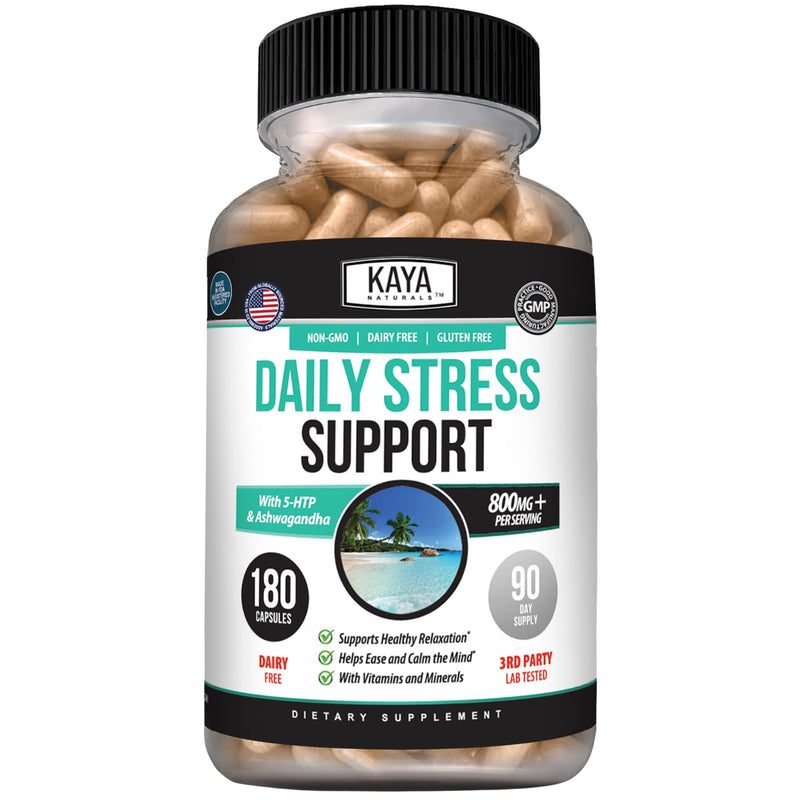 Kaya Naturals Daily Stress Support with Ashwagandha & GABA, 180 Capsules | Ashwagandha, GABA & L-Theanine, Rhodiola, Lemon Balm & Valerian, B Vitamins, Magnesium & Zinc, Daily Calm Support 180 Count (Pack of 1)