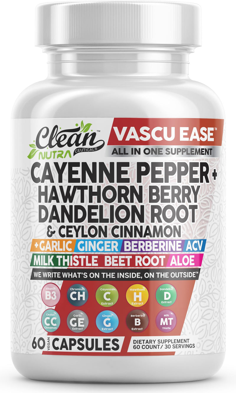 Clean Nutra Cayenne Pepper Capsules Supplement with Hawthorn Berry, Dandelion Root, Ceylon Cinnamon, Garlic, Ginger, Berberine, Apple Cider Vinegar, Milk Thistle, Beet Root, Aloe Vera Pills & More - BeesActive Australia