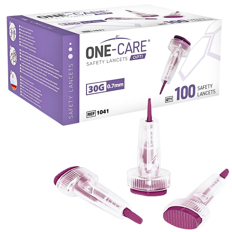 MediVena ONE-CARE Safety Lancets, 30G x 1.5mm, Push Button Activation, Gentle, Pre-Loaded, 3-Steps Only, Diabetes Testing, Sterile, Finger Self Prick Device, Glucose Monitor, Single Use, 100/Box - BeesActive Australia