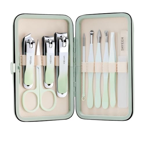Manicure Set, 10 pcs High-Carbon Steel Nail Clippers Set, Portable Mini Manicure and Pedicure Kit, Travel Grooming Nail Kit with Leather Bag for Men and Women Green