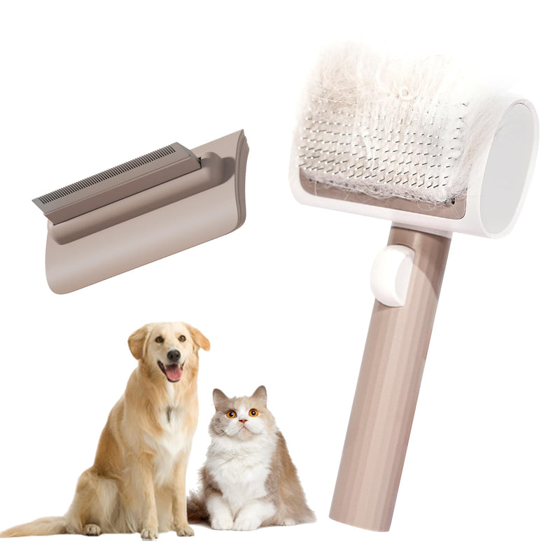 Cat Brush Kit, 2 in 1 Dog Shedding Slicker Brushes for Grooming Short & Long Hair Pet, Self Cleaning Hair Combs Tool Set for Indoor Kitten Rabbit Mats Tangled, Remove Loose Fur and Undercoat Beige - BeesActive Australia