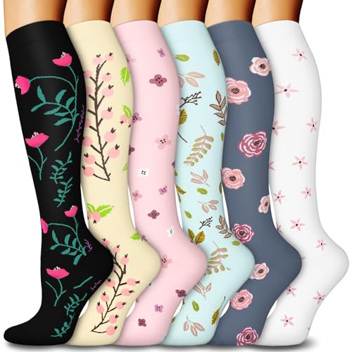 6 Pairs Compression Socks for Women & Men 15-20mmHg Knee High Socks Large-X-Large 01 Assort - Black/Blue/Grey/Pink/Beige/White
