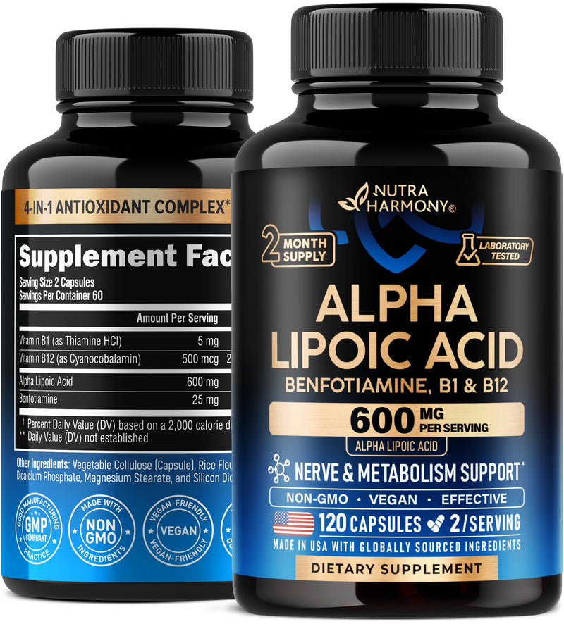 Alpha Lipoic Acid 600mg - ALA Supplement Antioxidant for Nerve, Energy & Metabolism Support - Extra Strength with Benfotiamine, B1 & B12 - Lab Tested, Non-GMO & Vegan - 120 Capsules, 2 Month Supply 120 Count (Pack of 1)