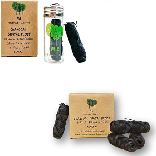 Vegan Biodegradable Bamboo Charcoal Dental Floss with Refillable Glass Container and Dental Floss Refill, 30M x4 | Peppermint Essential Oil | Eco Friendly | Zero Waste Oral Care