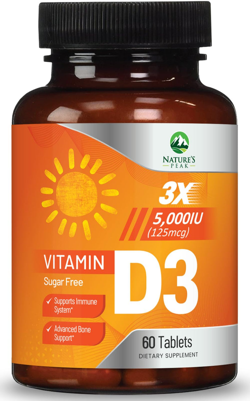 Vitamin D3 5000iu (125 mcg) Per Serving - 3X Strength Immune Health Support Vitamin D Dietary Supplement for Bone, Teeth, Muscle - Vit D, Vegan, Gluten Free, Raspberry Flavor - 60 Chewable Tablets 60 Count (Pack of 1)