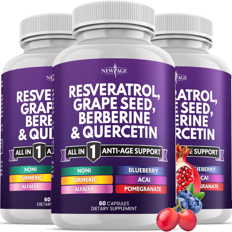 NEW AGE Resveratrol, Berberine, Grape Seed Extract, Quercetin, Polyphenol Supplement for Women and Men with Noni, N-Acetyl Cysteine, Acai - 180 Capsules 180 Count (Pack of 1)
