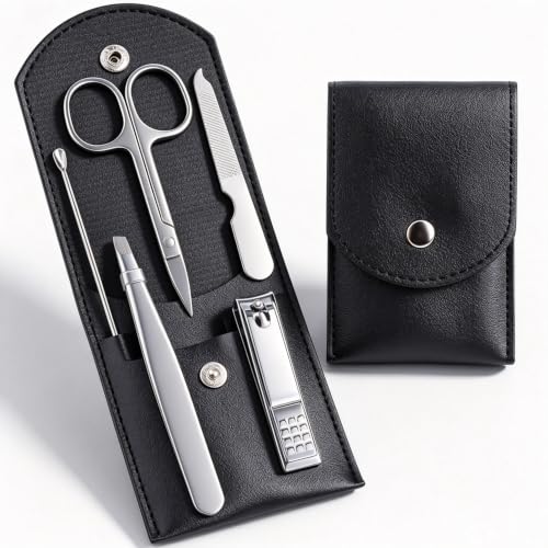 HANTEKAS Travel Manicure Set Professional Nail Clipper Kit-5 Pieces Stainless Steel Manicure Kit, Women Men Grooming kit With Nail Care Tools Beauty Scissors Tweezers (Silver Black)