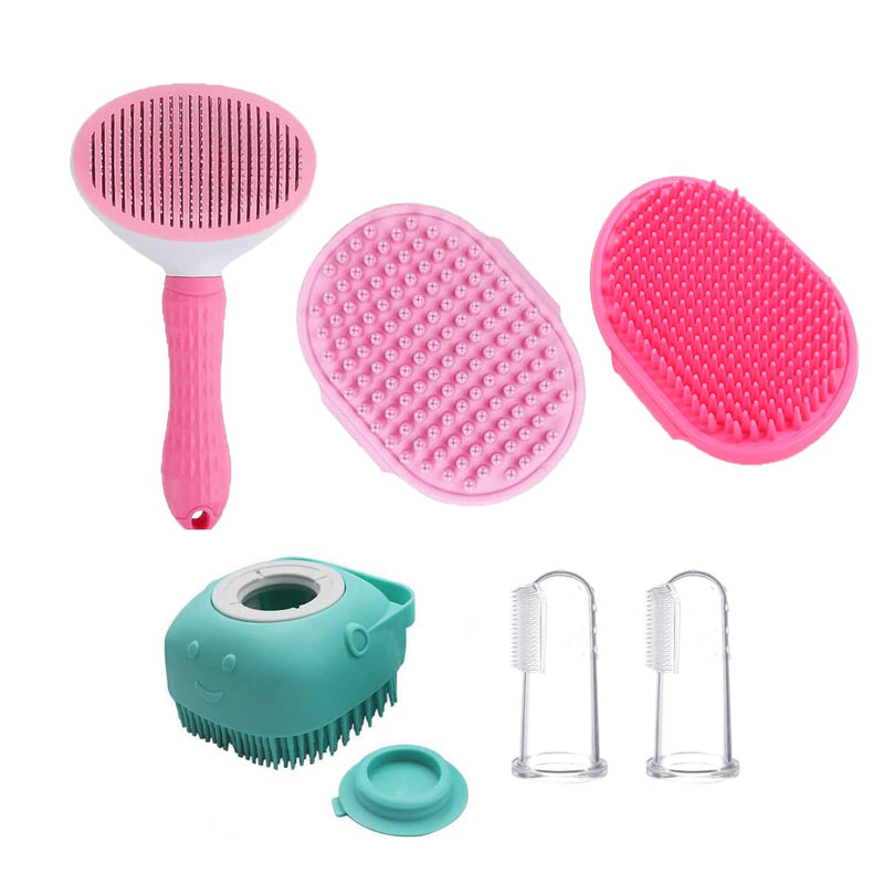 Dog Bath Supplies, Dogs Shampoo Grooming Hair Brush，6 Pieces for Dogs and Cats, Pink (Pink) - BeesActive Australia