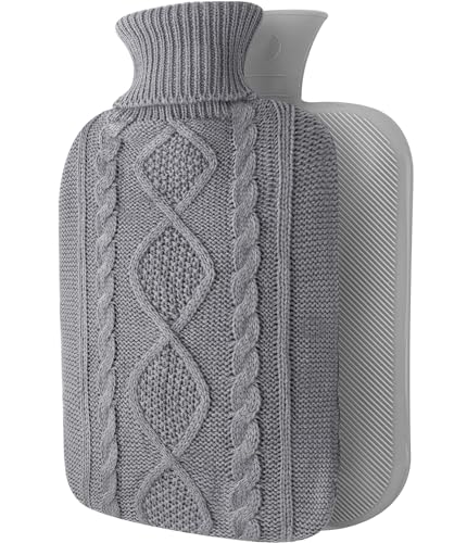 Hot Water Bottle with Cover - Premium Soft Knitted Cover - 2L Large Capacity - Hot Water Bag for Menstrual Cramps, Neck and Shoulder Pain Relief, Hot and Cold Therapies, Hand Feet Warmer Light Grey