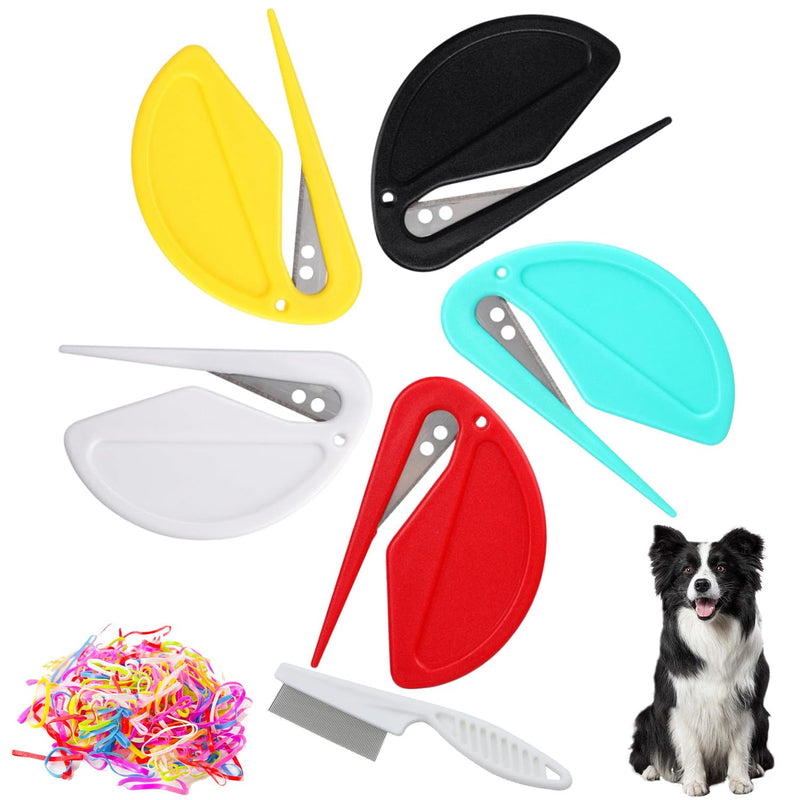 5PCS Pet Knotting Comb + 1PCS Grooming Comb, Pet Hair Grooming Tool for Pets, Knotting Comb for Dog & Cat, Pet Dematting Comb for Dogs and Cats, Attached 760PCS Mini Color Elastic Hair Ties - BeesActive Australia