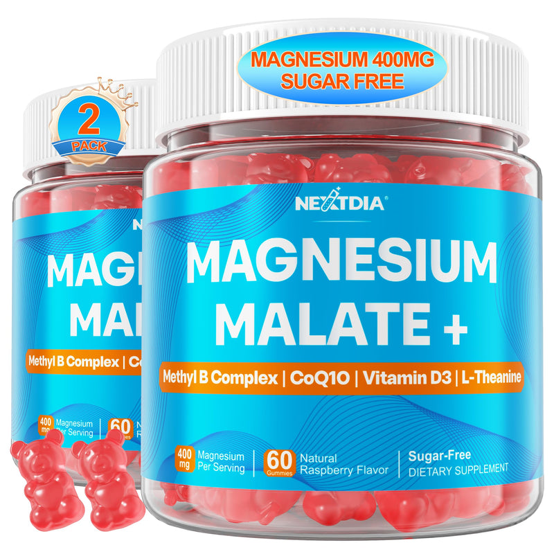2Pack Magnesium Malate Gummies for Adults - Magnesium 400mg Chewable | Plus Methylated Folate, B12, B6, L-Theanine & CoQ10, Supports Energy, Muscle & Calm, Sugar Free 60 Count (Pack of 2)