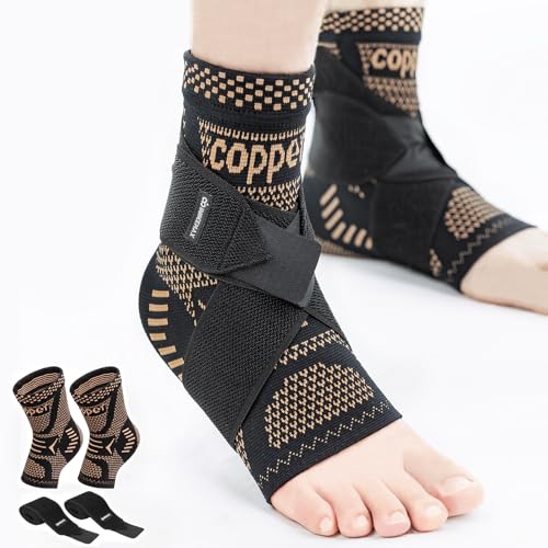 INDEEMAX Ankle Brace for Sprained Ankle Compression Sleeve, 2 Pack Copper Infused Ankle Support Brace for Women & Men, Plantar Fasciitis Relief Achilles Tendonitis, Sports Running, Copper Black, L Large