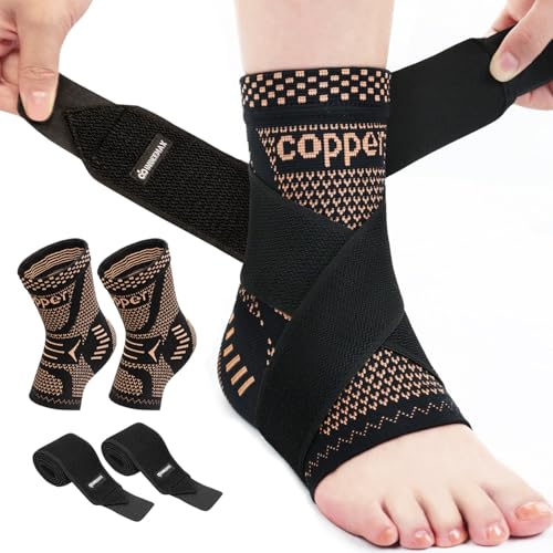 INDEEMAX Ankle Brace for Women & Men, Ankle Compression Sleeve Support Copper Infused Ankle Brace for Sprained Ankle, Plantar Fasciitis Sports, Achilles Tendonitis Pain Relief, Copper Black, S Small