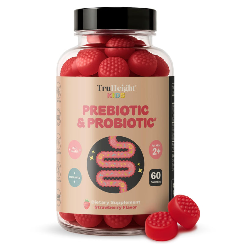 TruHeight Kids Prebiotic & Probiotic Gummies Ages 2+ (Strawberry Flavor) Toddlers & Kids All Natural Gut Health, Digestive Enzymes, Stomache Ache, Constipation Relief Supplement - Pediatric Vitamins 60 Count (Pack of 3)