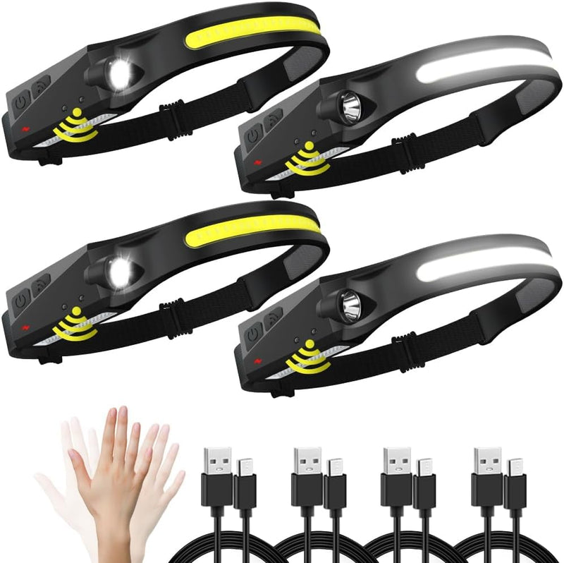 Ultra-Bright Rechargeable LED Headlamp with Motion Sensor – 5 Mode Head Lamps – High-Lumen LED Head Light for Camping, Barbing, Work, and Outdoor Adventures (4 Pack) 4 PACK