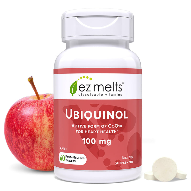 EZ Melts Ubiquinol 100 mg - CoQ10 Supplement for Heart Health & Energy Support - Antioxidant Protection - No Artificial Flavors - Non-GMO & Vegan - Apple - 60 Dissolvable Tablets (60 Servings) 60 Count (Pack of 1)