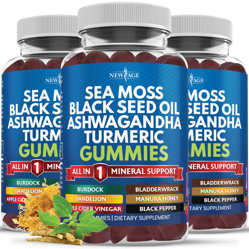 NEW AGE Sea Moss Gummies, Sea Moss, Black Seed, Ashwagandha, Turmeric, Manuka Honey, ACV, Dandelion, Black Pepper, Burdock, Bladderwrack, Vegan- 180 Count 180 Gummies (Pack of 3)