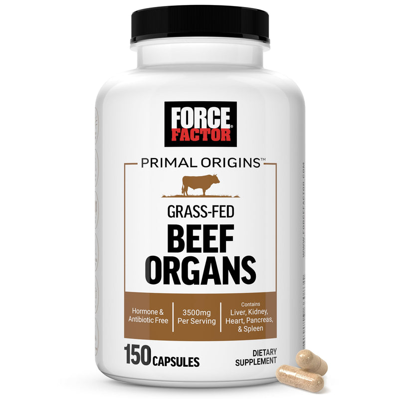 FORCE FACTOR Primal Origins Grass-Fed Beef Organs, Pasture-Raised Supplement with Liver, Kidney, Heart, Pancreas & Spleen, Hormone & Antibiotic Free, Non-GMO, 3500mg, 150 Capsules - BeesActive Australia