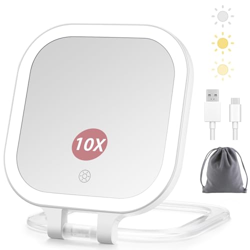 Travel Makeup Mirror with Lights & 1X/10X Magnifying Vanity Mirror 7" White