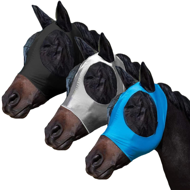 3 Pcs Horse Fly Mask-Fly Masks for Horses with Ears, Breathable Elastic Fabric for Sun Protection for Large/Medium Size Adult Horses (Blue-Black-Gray, Large) Blue-Black-Gray - BeesActive Australia