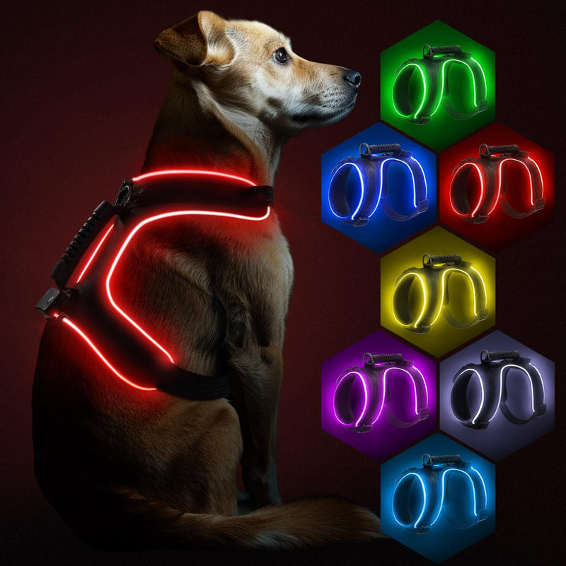 Light Up Dog Harness, 7 Color Changing LED Dog Harness, Rechargeable Rainproof Pet Harness for Night Walking, Adjustable Soft Padded Dog Vest, Glowing Dog Vest Harness for Medium and Large Dogs L - BeesActive Australia