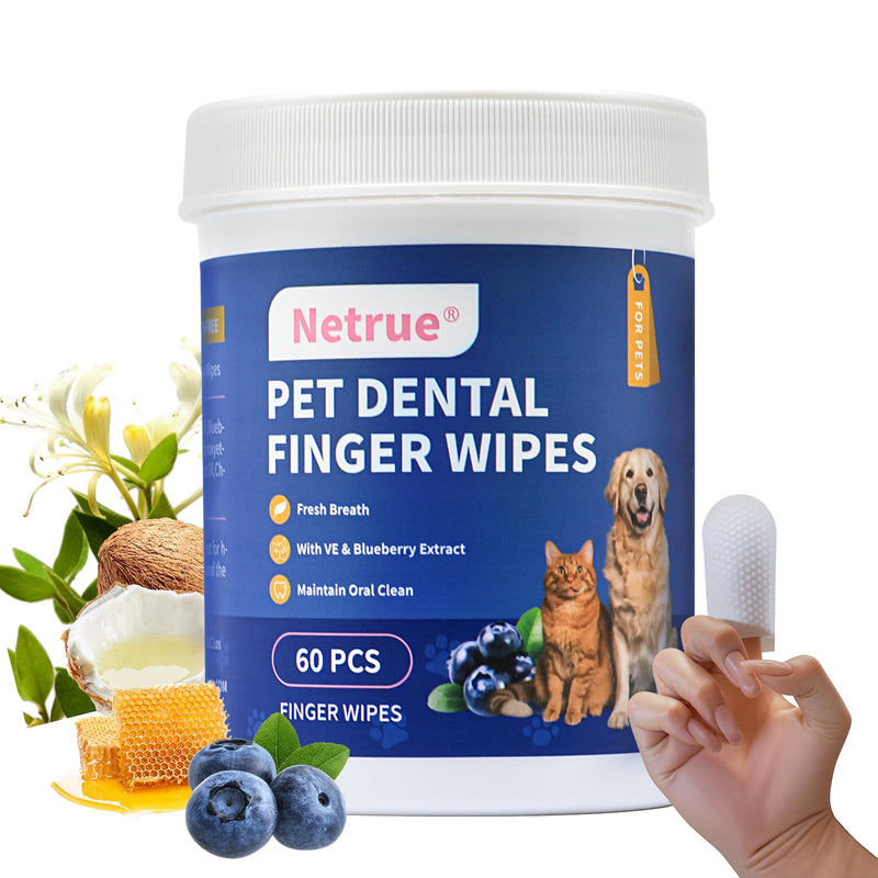 Netrue Dog Teeth Cleaning Wipes, Dog Dental Cleaning Finger Wipes for Dogs Teeth，Dog Tooth Wipes- Reduces Plaque & Freshens Breath (60 Count) - BeesActive Australia