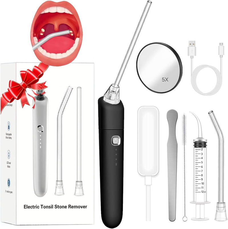 Electronic Vacuum Tonsil Stone Remover - Tonsil Stone Removal Kit - Free Instant Suction - Include Oral lamp, Oral Irrigator, 5X Magnifying Mirror, Instant Suction Tonsil Stone Removal Tool (Black) Black - BeesActive Australia