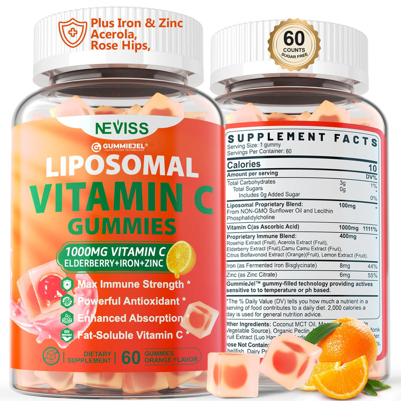 Liposomal Vitamin C 1000mg Gummies for Adults - Vitamin C Chewable with Elderberry, Zinc & 8mg Iron, Sugar Free Vit C Supplements, Daily Immune Support Gummies for Energy, Collagen Booster 60 Counts 60 Count (Pack of 1)