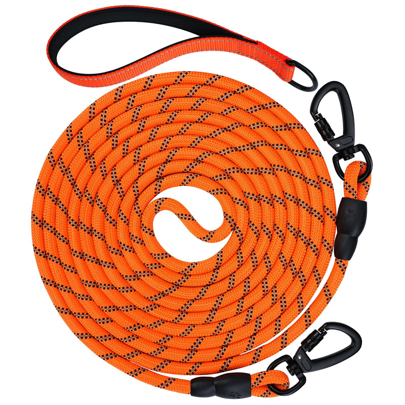30ft Long Dog Leash | Neoprene Padded Handle | Lockable Heavy Duty Clip | Handle Removable for Temporary Tie Out | Dog Training,Hiking,Camping,Playing Outside or in Yard | Orange, 3/8" Thick 30ft - BeesActive Australia