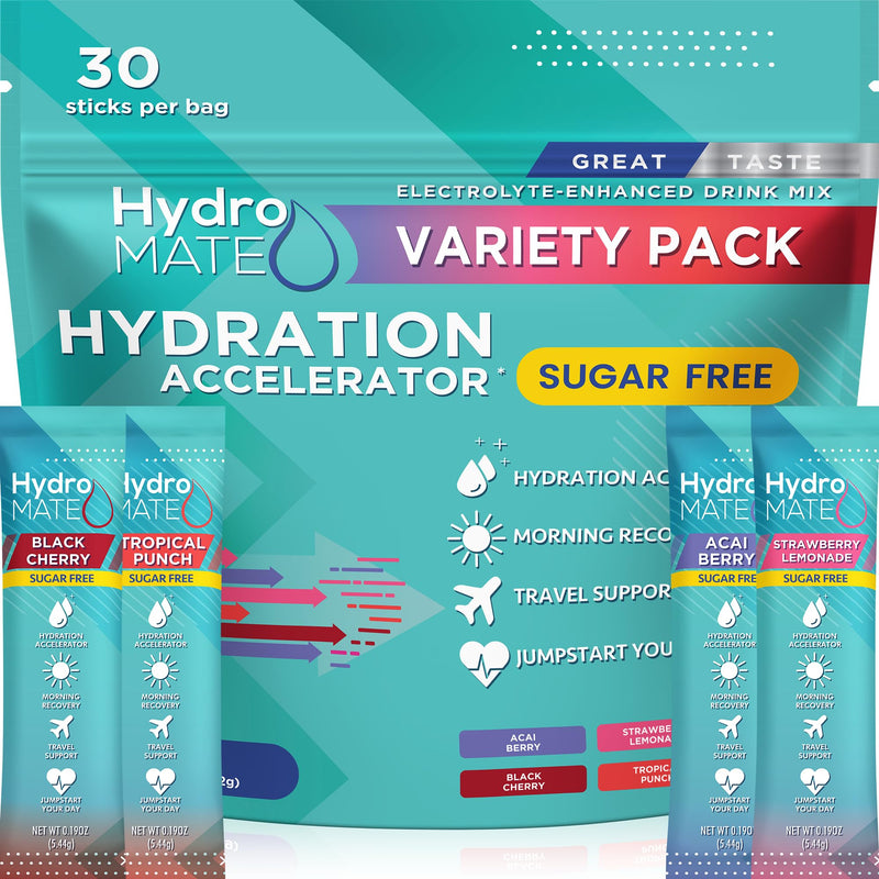 Electrolyte Powder Sugar-Free Hydration Packets Variety Pack HydroMATE 30 Sticks 30 Count (Pack of 1)