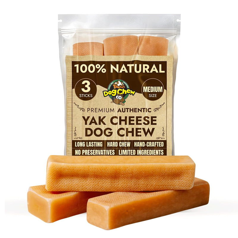 Tibetan Yak Cheese Dog Chew Sticks - Natural, Handmade, Long-Lasting, Easy to Digest, Ideal for Medium Dogs and Aggressive Chewers, Rawhide,Grain and Gluten Free, Keeps Dogs Busy, 3 Chews Medium - 3 Count - PawsPlanet Australia