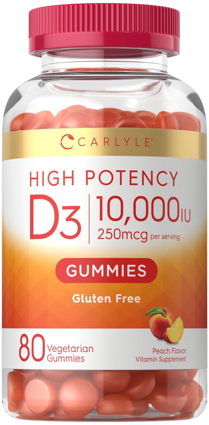 Vitamin D3 10000iu Gummies for Adults | 80 Count | Peach Flavored Gummy | High Potency For Women & Men | Vegetarian, Non-GMO, Gluten Free Supplement 80 Count (Pack of 1)