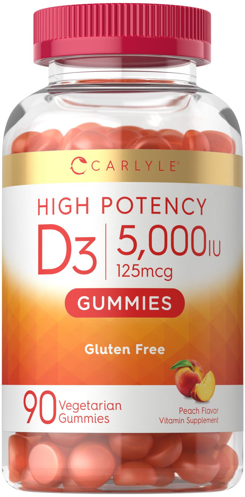Carlyle Vitamin D3 Gummies 5000 IU (125 mcg) | 90 Count | Peach Flavor | Vegetarian, Non-GMO, Gluten Free Supplement 90 Count (Pack of 1)