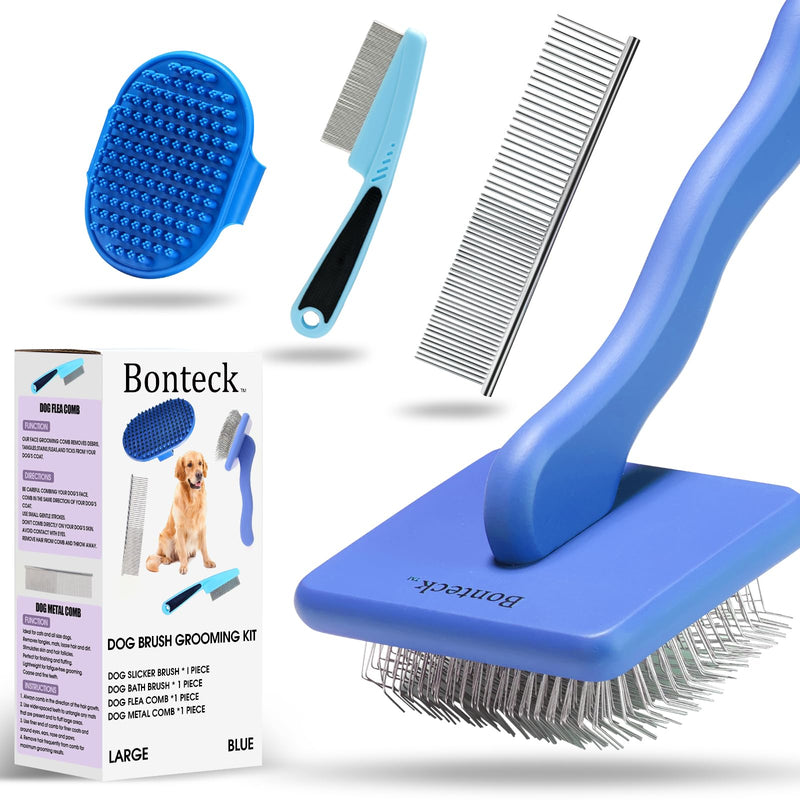 Dog slicker Brush for Dogs Grooming Kit 4PCS | Large Dog Brush for Goldendoodles Poodles Doodles | Long Pin Haired Brush | Dog Bath Brushes Flea Comb(Blue) Blue - BeesActive Australia