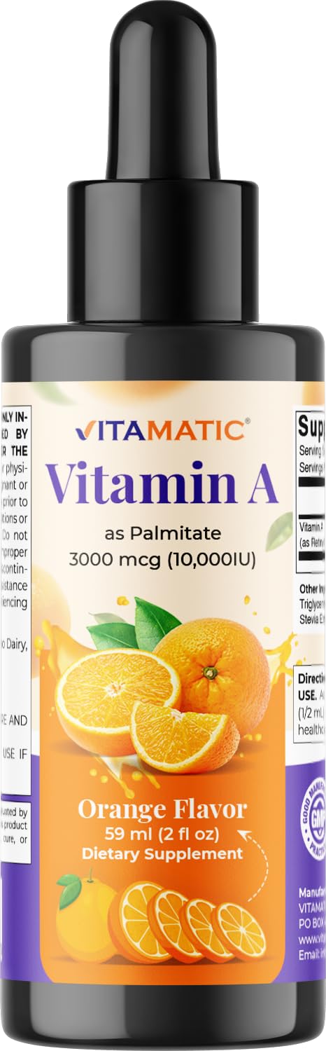 Vitamatic Sugar Free Vitamin A Liquid Drops 10000 IU (3000 mcg) as Retinyl Palmitate - Approximate 4 Months Supply - Immune Support, Eye Health, Skin Health - 2 FL OZ (59 ml) - BeesActive Australia