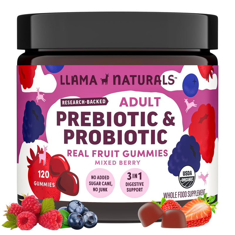 Llama Naturals Probiotics for Women and Men with Prebiotic Fiber, Vegan, Organic, Probiotic Gummies for Gut Health Support, Adults Real Fruit Gummy Vitamins, No Added Sugar Cane, Mixed Berry, 120 Ct Adult Mixed Berry 120 Count (Pack of 1)