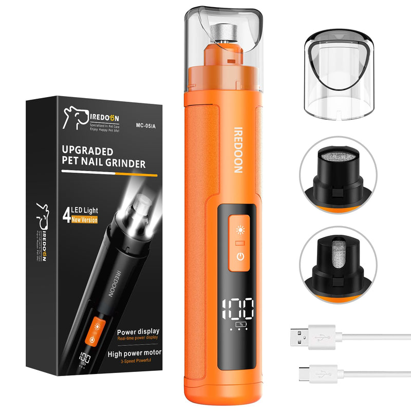 Dog Nail Grinder Upgraded - Professional 3-Speed Super Quiet and Low Vibration Electric Pet Nail Grinder with 4 LED Lights - Painless Paws Grooming & Smoothing for Small to Large Dogs (Orange) Orange