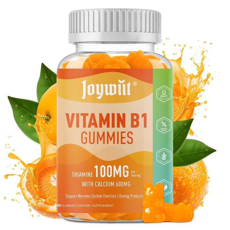 Vitamin B1 100mg Gummies, Thiamine Supplement for Adults | Thiamine B1 Supplement with 600mg Calcium, Nerve Supports & Boost Energy, Orange Flavor, Non GMO, Vegan 60 Count (Pack of 1)