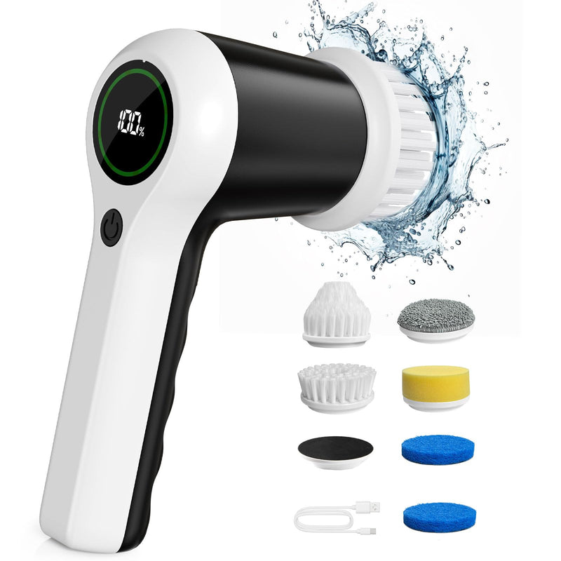 Electric Spin Scrubber, Cordless Shower Scrubber with Battery Level Display, 2 Speeds Electric Scrubber for Cleaning with 6 Replaceable Heads, Electric Cleaning Brush for Bathroom/Sink/Window White - BeesActive Australia