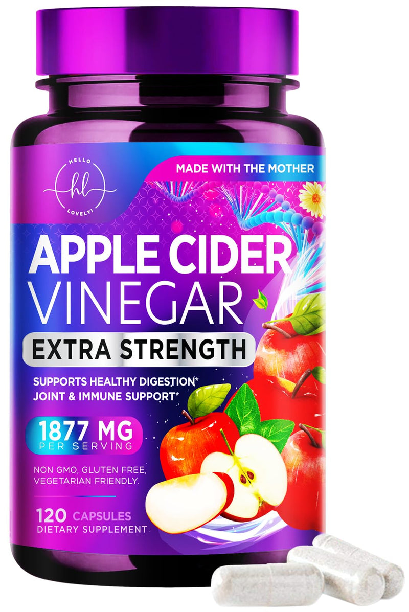 Apple Cider Vinegar 1877mg Per Serving - Extra Strength ACV Pills with Vitamin D3 - Non-GMO Apple Vinegar Supplement Capsules Sourced from The Mother for Digestion & Immune Support - 120 Capsules 120 Count (Pack of 1)